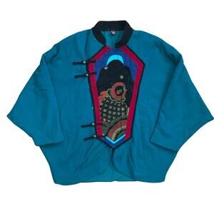 Vintage Blue Green Chinese Corduroy Embroidered Fish Sweater Jacket Sz M (apprx)